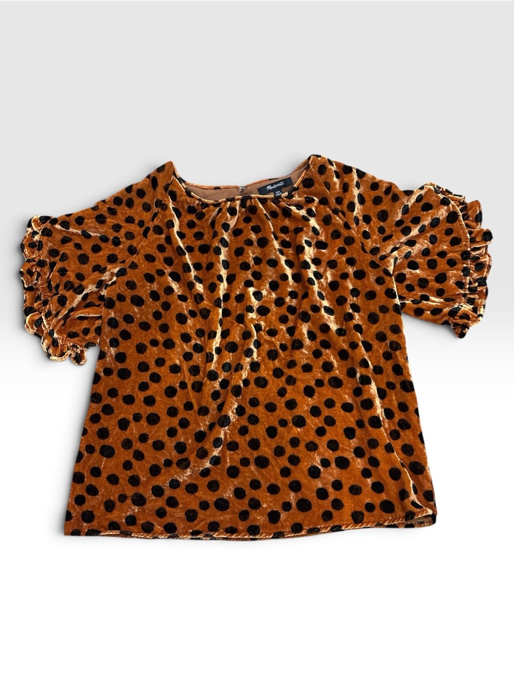 Madewell Velvet Memento Ruffle-Sleeve Top in Leopard Dot Burnt Sienna XXS